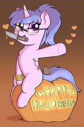 Size: 1516x2300 | Tagged: safe, artist:heretichesh, derpibooru import, oc, oc only, oc:steamy, pony, unicorn, female, floating heart, glasses, gradient background, halloween, heart, heterochromia, holiday, jack-o-lantern, knife, mare, mouth hold, pumpkin, sitting, solo