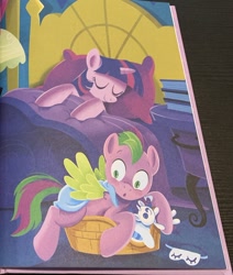 Size: 602x709 | Tagged: source needed, safe, artist:anthony conley, derpibooru import, rarity, spike, twilight sparkle, twilight sparkle (alicorn), alicorn, pegasus, pony, a pony named spike, bed, book, crush plush, duo, pet bed, plushie, ponified, ponified spike, rarity plushie, sleep mask, sleeping, species swap, spike's bed