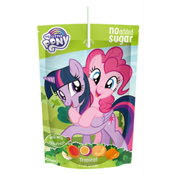 Size: 1074x1074 | Tagged: safe, derpibooru import, pinkie pie, twilight sparkle, twilight sparkle (alicorn), alicorn, earth pony, insect, ladybug, appy kids, appy kids co, drink, duo, duo female, female, food, fruit, hug, hug from behind, juice, merchandise, my little pony logo, stock vector, united kingdom
