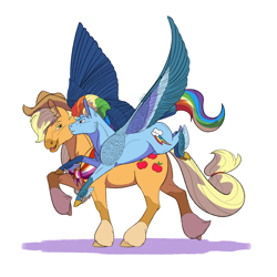 Size: 1280x1280 | Tagged: safe, artist:will-owl-the-wisp, derpibooru import, applejack, rainbow dash, earth pony, pegasus, pony, alternate hairstyle, appledash, chest feathers, cowboy hat, feathered fetlocks, female, hat, larger female, lesbian, mare, shawl, shipping, simple background, size difference, smaller female, transparent background, white background