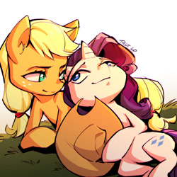 Size: 1280x1280 | Tagged: safe, artist:taltlo, derpibooru import, applejack, rarity, earth pony, pony, unicorn, accessory theft, applejack's hat, clothes, cowboy hat, female, hat, lesbian, looking at each other, mare, rarijack, shipping