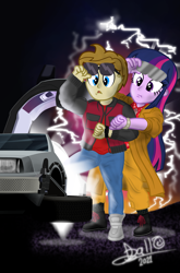 Size: 2717x4128 | Tagged: safe, artist:tidmouthmilk12, derpibooru import, twilight sparkle, oc, oc:tidmouth milk, equestria girls, back to the future, car, delorean, duo, female, high res, male, movie poster, vector