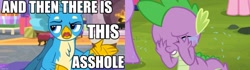 Size: 1777x499 | Tagged: safe, screencap, gallus, spike, alicorn, dragon, earth pony, griffon, pony, horse play, go to sleep garble, op is on drugs, op is trying to start shit, op is trying to start shit so badly that it's kinda funny, op isn't even trying anymore, spikeabuse, vulgar