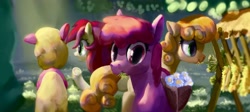 Size: 4668x2094 | Tagged: safe, artist:mandumustbasukanemen, derpibooru import, berry punch, berryshine, cherry berry, junebug, roseluck, earth pony, pony, eating, female, flower, group, hay, horses doing horse things, looking at you, mare
