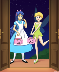 Size: 3273x4000 | Tagged: safe, artist:riouku, derpibooru import, flash sentry, oc, oc only, oc:cherish lynne, oc:felicity sentry, equestria girls, alice in wonderland, barely pony related, candy, clothes, costume, crossdressing, cute, disney, doorway, dress, duo, duo male, femboy, food, halloween, halloween costume, holiday, male, night, pinafore, pumpkin bucket, stockings, tinkerbell, trick or treat