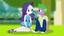 Size: 600x338 | Tagged: safe, artist:georgegarza01, derpibooru import, rarity, spike, human, equestria girls, animated, cute, eyes closed, female, hand on cheek, human spike, humanized, kissing, looking at each other, love, male, rarity peplum dress, romance, shipping, show accurate, sparity, straight, youtube link