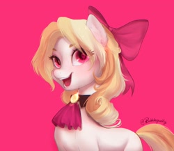 Size: 2048x1775 | Tagged: safe, artist:bubblepurity, derpibooru import, oc, oc only, oc:candy puremag, earth pony, pony, bow, choker, female, hair bow, mare, open mouth, open smile, smike, smiling, solo