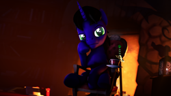 Size: 7680x4320 | Tagged: safe, artist:lagmanor, derpibooru import, oc, oc only, oc:lagmanor amell, pony, unicorn, 3d, absurd resolution, black mane, blurry background, book, bookshelf, candle, cup, dark background, dark mane, eyebrows, fire, fireplace, frown, green eyes, horn, looking at you, magic horn, male, mane, nudity, raised eyebrow, sheath, sheathed, sitting, solo, source filmmaker, stallion, sword, table, teacup, vignette, weapon