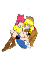 Size: 720x1280 | Tagged: safe, artist:aj946, derpibooru import, apple bloom, applejack, human, boots, clothes, denim shorts, female, humanized, jacket, missing shoes, neckerchief, shoes, shorts, siblings, sisters, socks, stocking feet