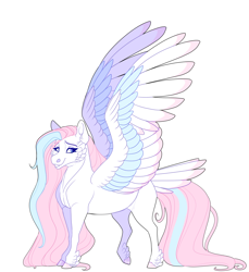 Size: 2200x2400 | Tagged: safe, artist:uunicornicc, derpibooru import, oc, oc only, pegasus, pony, colored wings, female, mare, multicolored wings, simple background, solo, tail, tail feathers, white background, wings