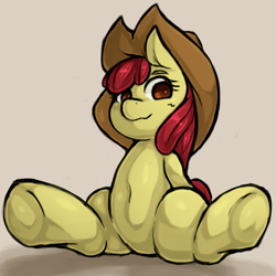 Size: 1543x1543 | Tagged: safe, artist:kyouman1010, color edit, derpibooru import, edit, apple bloom, earth pony, pony, applejack's hat, belly button, clothes, colored, cowboy hat, female, filly, hat, looking at you, sitting, smiling, solo, spread legs, spreading