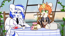 Size: 3840x2160 | Tagged: safe, artist:etoz, derpibooru import, oc, oc only, oc:etoz, oc:light speed, pegasus, pony, unicorn, cafe, clothes, coffee, commission, cosplay, costume, cute, donut, fangs, female, food, genshin impact, glasses, horn, magic, magic aura, mare, open mouth, pegasus oc, sitting, suit, table, talking, tea, unicorn oc, window, wings, zhongli