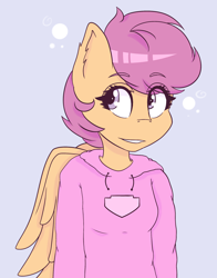 Size: 1920x2450 | Tagged: safe, artist:lucky-em, derpibooru import, scootaloo, anthro, pegasus, clothes, eyelashes, female, gray background, hoodie, simple background, smiling, solo, wings