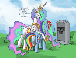 Size: 1182x909 | Tagged: safe, artist:php64, derpibooru import, edit, princess celestia, rainbow dash, alicorn, pegasus, pony, ^^, butt, celestia's grave meme, crown, dialogue, duo, duo female, equestria daily, exploitable meme, eyes closed, female, folded wings, grass, gravestone, hoof shoes, horn, jewelry, mare, meme, multicolored hair, multicolored mane, multicolored tail, open mouth, outdoors, peytral, plot, rainbow hair, rainbow tail, regalia, rip equestria daily, smiling, tail, wings