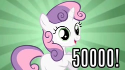 Size: 1280x720 | Tagged: safe, derpibooru import, edit, edited screencap, screencap, sweetie belle, pony, unicorn, 50000, abstract background, caption, derpibooru, female, filly, green eyes, horn, meta, milestone, open mouth, open smile, rearing, smiling, solo, tags, tail, text, two toned mane, two toned tail