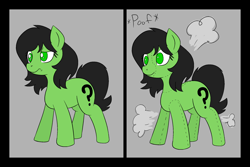 Size: 2400x1600 | Tagged: safe, artist:happy harvey, derpibooru import, oc, oc only, oc:anon filly, earth pony, pony, black mane, black tail, colored pupils, drawn on phone, earth pony oc, female, filly, forced smile, green eyes, inanimate tf, onomatopoeia, plushie, plushification, poof, smiling, solo, standing, tail, transformation