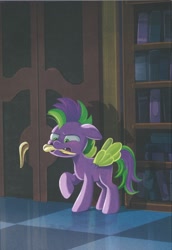 Size: 1697x2472 | Tagged: safe, derpibooru import, spike, pony, a pony named spike, book, bookshelf, ponified, ponified spike, solo, species swap