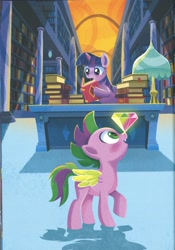 Size: 1729x2464 | Tagged: safe, derpibooru import, spike, twilight sparkle, twilight sparkle (alicorn), alicorn, pony, a pony named spike, book, bookshelf, gem, ponies balancing stuff on their nose, ponified, ponified spike, species swap