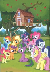 Size: 1717x2464 | Tagged: safe, derpibooru import, apple bloom, applejack, fluttershy, pinkie pie, rainbow dash, rarity, scootaloo, spike, sweetie belle, twilight sparkle, twilight sparkle (alicorn), alicorn, earth pony, pony, unicorn, a pony named spike, apple, apple tree, book, clubhouse, crusaders clubhouse, cutie mark crusaders, mane seven, mane six, ponified, ponified spike, species swap, tree