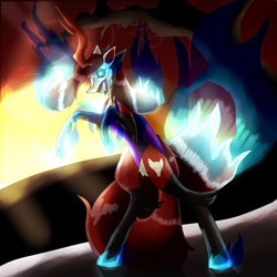 Size: 5800x5800 | Tagged: safe, artist:florarena-kitasatina/dragonborne fox, derpibooru import, oc, oc:foxfire, absurd resolution, cel shading, fire, half changeling, kabuki mask, my eyes, rearing, red and black oc, shading, signature, tree, watermark