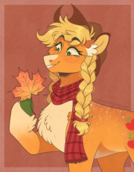 Size: 1096x1403 | Tagged: safe, artist:wanderingpegasus, derpibooru import, applejack, earth pony, pony, alternate hairstyle, applejack day, applejack's hat, autumn, braid, chest fluff, clothes, coat markings, colored ears, cowboy hat, cute, ear fluff, ears, eyebrows, eyebrows visible through hair, facial markings, female, freckles, grin, hat, jackabetes, leaf, maple leaf, mare, pale belly, pigtails, red background, scarf, simple background, smiling, snip (coat marking), socks (coat marking), solo, unshorn fetlocks