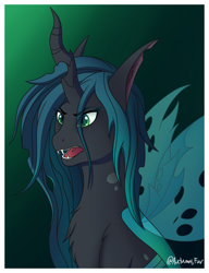 Size: 2282x2964 | Tagged: safe, artist:autumnsfur, artist:autumnsfurart, derpibooru import, queen chrysalis, anthro, changeling, changeling queen, anatomy, angry, annoyed, digital art, evil laugh, fangs, female, laughing, mare, open mouth, simple background, solo