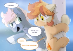 Size: 2064x1457 | Tagged: safe, artist:mochi_nation, derpibooru import, oc, oc only, oc:flame egg, oc:water socks, earth pony, pony, coat markings, dialogue, duo, female, male, mare, nervous, scared, shivering, shrunken pupils, speech bubble, stallion, sweat