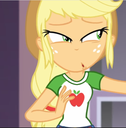 Size: 490x498 | Tagged: safe, derpibooru import, edit, edited screencap, screencap, applejack, better together, equestria girls, applejack's hat, belt, clothes, cowboy hat, hat, shirt, skirt, t-shirt