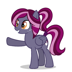 Size: 473x473 | Tagged: artist needed, safe, derpibooru import, oc, oc only, oc:spotlight splash, pegasus, pony, female, folded wings, mare, multicolored hair, multicolored tail, orange eyes, pegasus oc, ponytail, raised hoof, raised leg, shadow, simple background, smiling, standing, tail, tail wrap, transparent background, vector, wings