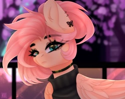 Size: 2048x1621 | Tagged: safe, artist:elektra-gertly, derpibooru import, fluttershy, pegasus, pony, alternate hairstyle, choker, clothes, ear piercing, earring, female, jewelry, looking at you, mare, piercing, ponytail, solo, sweater, sweatershy, turtleneck