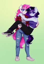 Size: 1403x2048 | Tagged: safe, artist:zowzowo, derpibooru import, oc, oc only, anthro, unicorn, anthro oc, aviators, breasts, bridal carry, carrying, cleavage, clothes, commission, converse, couple, female, flannel, fullbody, glasses, gradient background, heterochromia, jeans, leggings, lesbian, mare, oc x oc, pants, ripped jeans, ripped pants, shoes, simple background, torn clothes, tube top