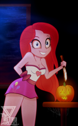 Size: 1306x2098 | Tagged: safe, artist:theretroart88, derpibooru import, pinkie pie, equestria girls, bare shoulders, breasts, cleavage, clothes, halloween, holiday, looking at you, miniskirt, pinkamena diane pie, pinkie pies, pumpkin, skirt, sleeveless, solo, strapless