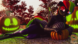 Size: 1920x1080 | Tagged: safe, artist:puppy3d, derpibooru import, oc, oc only, oc:noodle, anthro, art pack:spo0okybo0obies, 3d, female, halloween, holiday, jack-o-lantern, pumpkin, solo