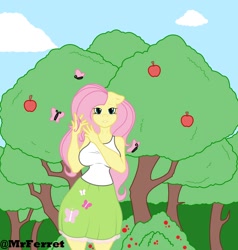 Size: 1900x2000 | Tagged: safe, artist:mr.ferret, derpibooru import, fluttershy, anthro, butterfly, apple, apple tree, big breasts, breasts, ears, equestria girls outfit, floppy ears, food, forest, hootershy, long hair, looking at you, sexy, solo, tree