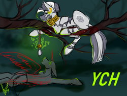 Size: 4000x3000 | Tagged: safe, artist:stirren, derpibooru import, zecora, oc, pony, commission, duo, everfree forest, forest, forest background, hypnosis, hypnotized, jewelry, lying down, pendant, swirly eyes, tree branch, your character here