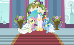 Size: 1058x646 | Tagged: safe, artist:rainbowmaned, artist:rapmlpandbttffan23, artist:rarity6195, artist:swiftgaiathebrony, derpibooru import, fluttershy, princess celestia, rainbow dash, canterlot, clothes, dress, female, flower, flutterdash, lesbian, lesbian dash, lesbian fluttershy, lesbian wedding, mare, shipping, wedding dress