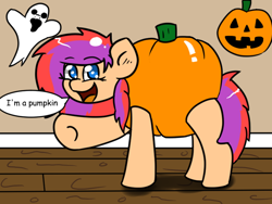 Size: 800x600 | Tagged: safe, artist:tranzmuteproductions, derpibooru import, oc, oc only, earth pony, ghost, pony, undead, :d, earth pony oc, eyelashes, female, halloween, holiday, indoors, jack-o-lantern, mare, open mouth, open smile, pumpkin, smiling, solo, talking, underhoof, waving
