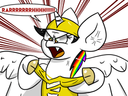 Size: 800x600 | Tagged: safe, artist:tranzmuteproductions, derpibooru import, oc, oc only, oc:lightning bliss, alicorn, alicorn oc, angry, clothes, cloven hooves, fangs, hat, horn, hulk hogan, multicolored hair, open mouth, rainbow hair, rawr, wings