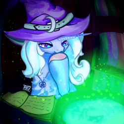 Size: 3000x3000 | Tagged: safe, artist:umbrapone, derpibooru import, trixie, pony, unicorn, book, bookshelf, buckle, cauldron, chest fluff, crescent moon, female, giggling, hat, hoof on chin, jewelry, looking at something, magic, mare, moon, necklace, particles, pentagram, pink hoof, purple eyes, solo, sparkles, table, witch, witch hat, witchcraft