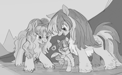 Size: 3282x2037 | Tagged: safe, artist:marbo, oc, oc only, oc:ice elation, oc:the abominable snowmare, fish, pony, chest fluff, clothes, coat, female, fluffy, mare, monochrome, offering, open mouth, snowpony (species), taiga pony, unshorn fetlocks