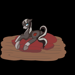 Size: 2400x2400 | Tagged: safe, artist:anonymous, oc, oc only, oc:pine ponder, pony, black background, blaze (coat marking), coat markings, dock, female, looking at you, looking back, looking back at you, mare, pale belly, pillow, raised tail, simple background, snowpony (species), socks (coat marking), solo, taiga pony, tail, underhoof