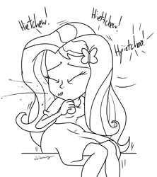 Size: 1024x1151 | Tagged: safe, artist:silverwing, derpibooru import, fluttershy, human, equestria girls, blouse, clothes, cute, dress, female, lineart, shirt, sitting, sketch, sneeze spray, sneezing, sneezing fit, solo, spray, turning away