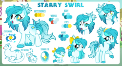 Size: 1200x655 | Tagged: safe, artist:jennieoo, derpibooru import, oc, earth pony, pony, weasel, baby, baby pony, confused, female, filly, foal, happy, pacifier, pet, ponytail, reference, reference sheet, ribbon, shy, simple background, smiling, solo, teenager