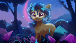 Size: 1920x1080 | Tagged: safe, artist:hierozaki, derpibooru import, oc, oc only, earth pony, pony, flower, flower in hair, night, outdoors, smiling, solo, tree