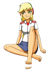 Size: 2488x3600 | Tagged: safe, artist:artemis-polara, derpibooru import, applejack, equestria girls, barefoot, clothes, commission, feet, foot tapping, headphones, music notes, shirt, simple background, sitting, skirt, tapping, transparent background