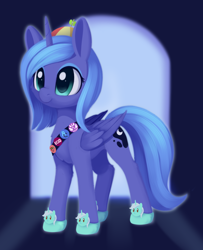 Size: 1070x1316 | Tagged: safe, artist:dusthiel, derpibooru import, lyra heartstrings, princess luna, oc, oc:big brian, alicorn, pony, bronycon, clothes, cute, female, filly, hat, horn, lunabetes, mare, ponytober, propeller hat, s1 luna, slippers, solo, wings, woona, younger