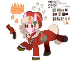 Size: 1400x1300 | Tagged: safe, alternate version, artist:bloonacorn, ponerpics import, pony, unicorn, bag, balloonicorn, bipedal, clover, female, fireworks, flare gun, four leaf clover, hat, looking at you, madame dixie, magic, mare, palette, ponified, pyro, raised hoof, raised leg, saddle bag, simple background, smiling, smiling at you, solo, solo female, team fortress 2, telekinesis, transparent background, zipper
