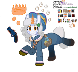 Size: 1400x1300 | Tagged: safe, alternate version, artist:bloonacorn, ponerpics import, pony, unicorn, bag, balloonicorn, bipedal, clover, female, fireworks, flare gun, four leaf clover, hat, looking at you, madame dixie, magic, mare, palette, ponified, pyro, raised hoof, raised leg, saddle bag, simple background, smiling, smiling at you, solo, solo female, team fortress 2, telekinesis, transparent background, zipper