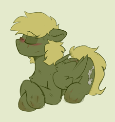 Size: 1035x1095 | Tagged: safe, artist:crimmharmony, derpibooru import, oc, oc only, oc:murky, pegasus, pony, fallout equestria, fallout equestria: murky number seven, bruised, eyes closed, fanfic art, injured, simple background, solo