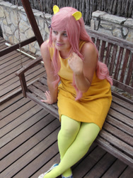 Size: 2121x2828 | Tagged: safe, artist:mikanchan, derpibooru import, fluttershy, human, bench, clothes, cosplay, costume, irl, irl human, photo, sitting